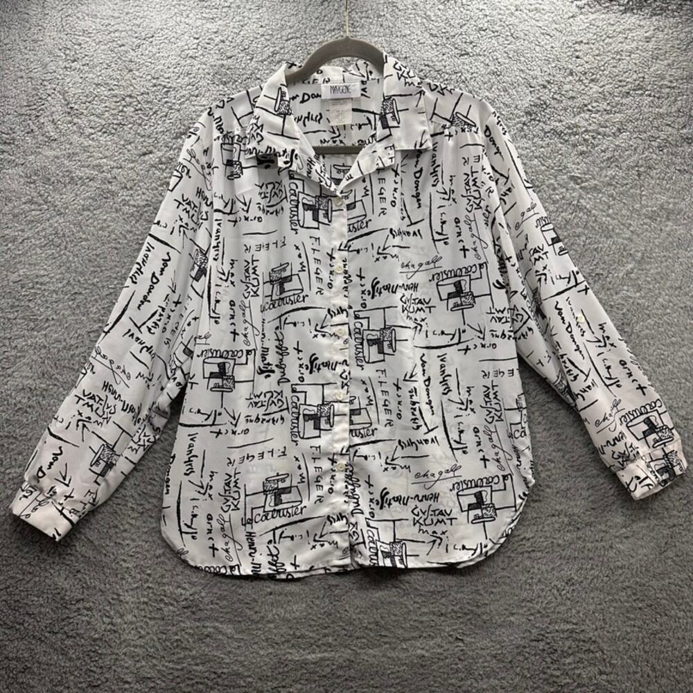Vintage Maygene Women's Large Blouse Scribbled‎ Note Design Roll Up Cuffs